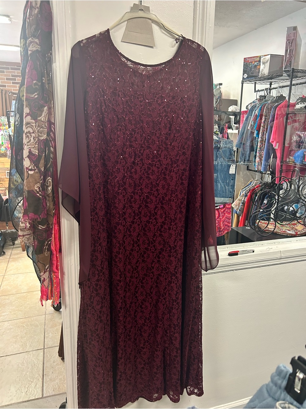 Jonie Evening Lace Sequin Cape Sleeve Dress Burgundy Plus Size 22W